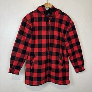 Five Brother Womens Medium Black Red Plaid Jacket Full Zip Hooded Outdoor Cotton